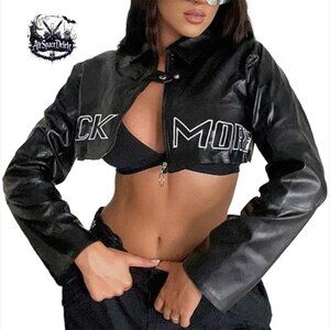 Pleather Cropped Moto Jacket with Point Collar and Letter Print